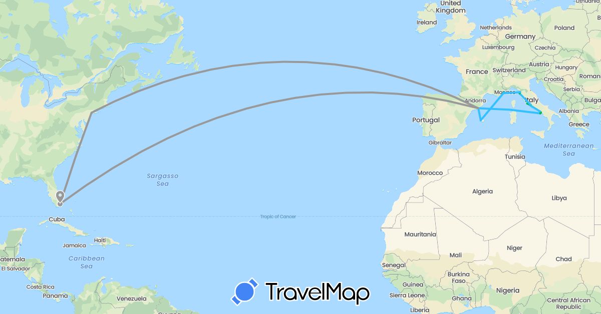 TravelMap itinerary: bus, plane, boat in Spain, France, Italy, United States, Vatican City (Europe, North America)