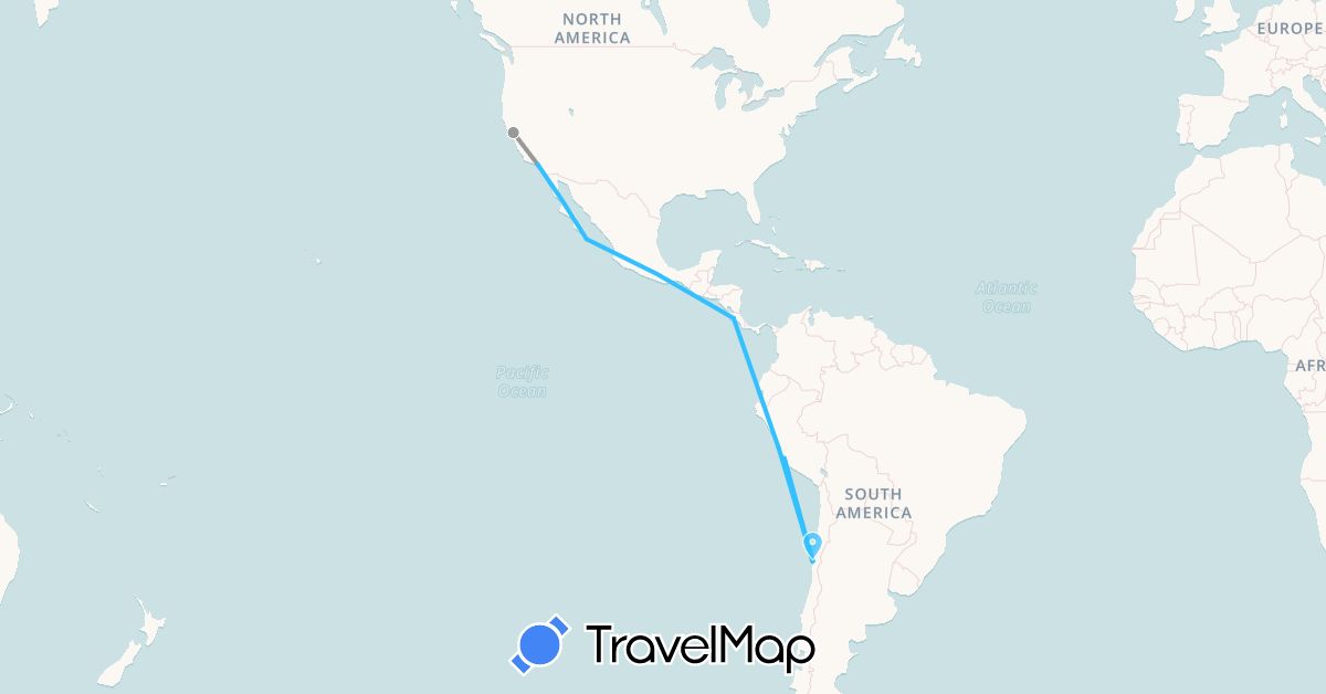 TravelMap itinerary: driving, plane, boat in Chile, Costa Rica, Mexico, Peru, United States (North America, South America)